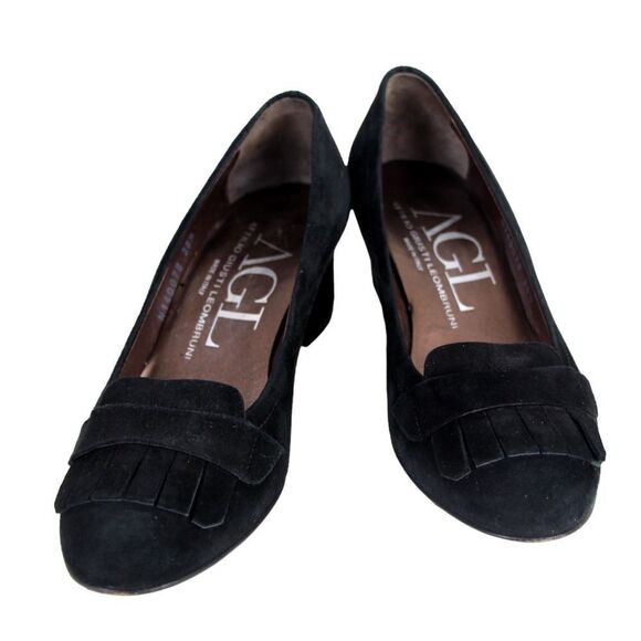 AGL Italy BLACK GENUINE LEATHER SUEDE MID HEEL ROUND TOE PUMP WOMEN'S SHOES 36.5 - Picture 2 of 12